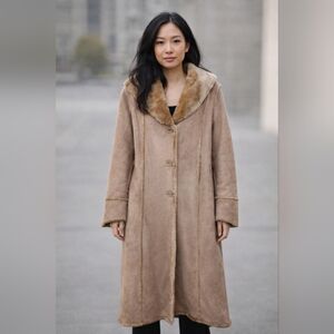 Wilsons Leather Full Length Faux Tan Suede Coat  Faux Fur Shearling Women’s SZ S